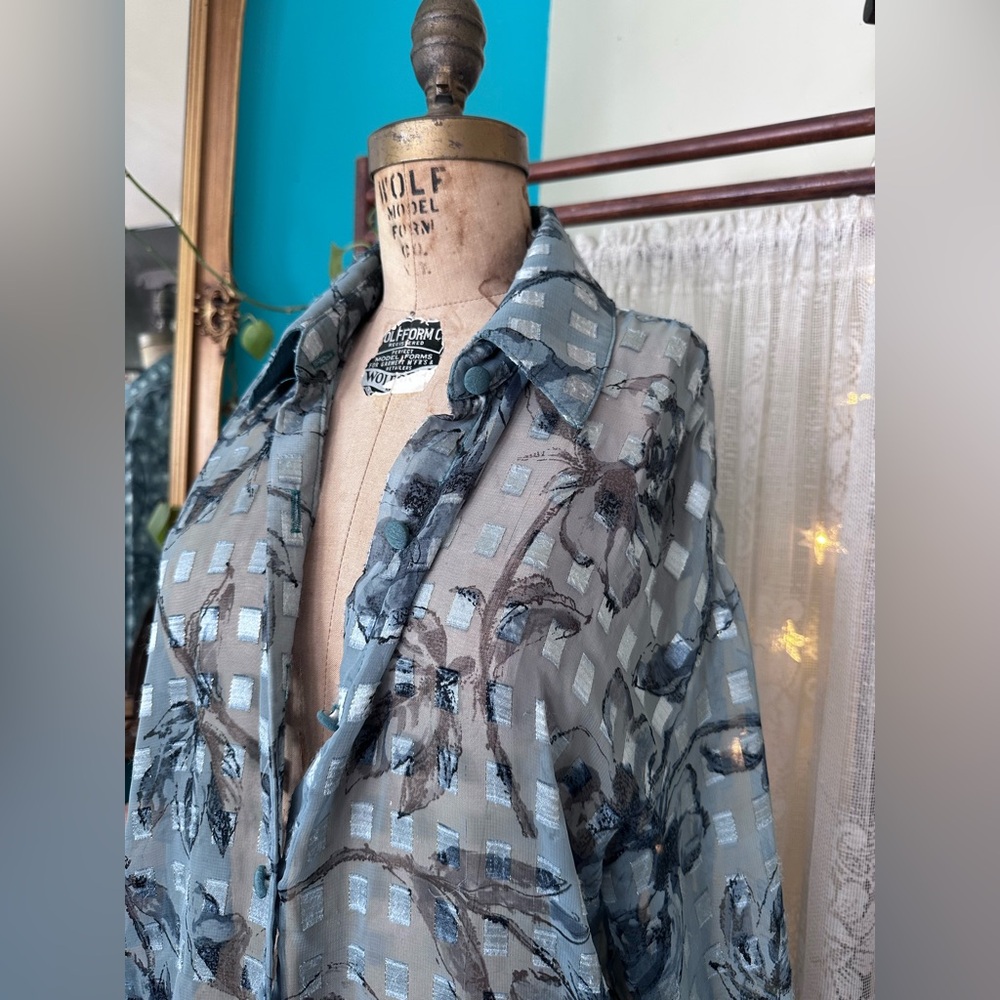 Sage Green Floral Sheer Vintage 1970’s Regal Secretary Blouse Size Large